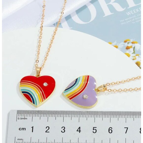 Heart Rainbow Pendant Turquoise Enamel with Crystal Accent on Gold Tone Chain Ne - Picture 2 of 2